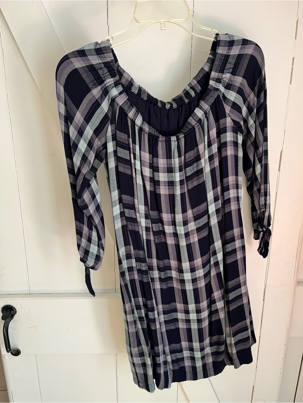 Plaid Off-Shoulder Tunic Top - Navy and Gray